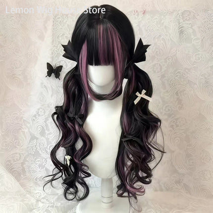 Black Wig with Pink Cosplay Wigs with Bangs  Lolita Long Curly Hair Wig Woman Party Cosplay Wig Natural Heat Resistant