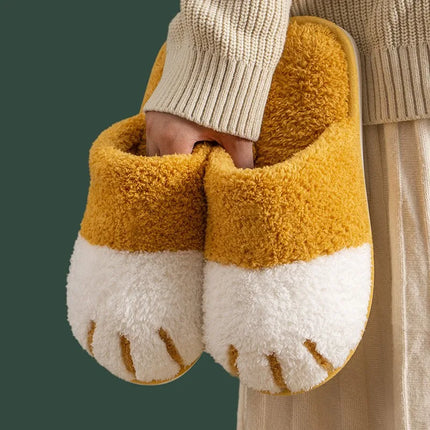 Evshine Winter Plush House Slippers For Women Cute Cat Paw Indoor Fur Shoes Soft Bottom Flat Cotton Slides Bedroom Plush Slipper