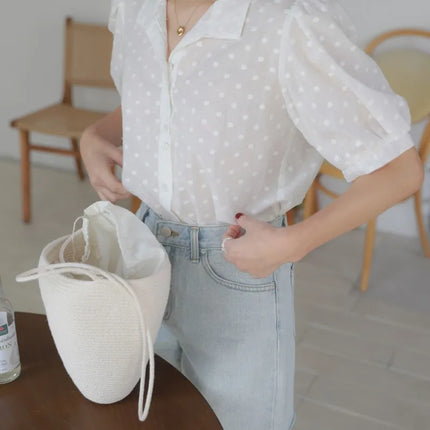 Ele ort Sve Chiffon irt Women's Summer Faion Design Sensation Unique Fairy Aosphere Sli Bubble Sve Blouse