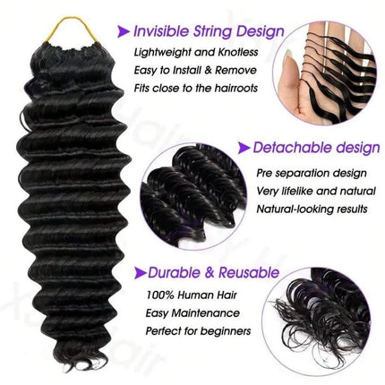 Curly Human Crochet Hair For Black Women Deep Wave Crochet Human Hair Bundles 14 Inch 120G Pre-Separated Feather Crochet Human Hair Deep Wavy Invisible Crochet Hair Extensions Natural Color