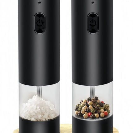 Rechargeable Electric Salt&Pepper Grinder Set with Wood Base, Automatic One‑Hand Operated Spice Mill with Adjustable Coarseness