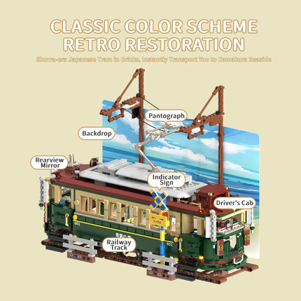1953PCS Japanese Retro Tram with Lights Building Blocks Set, Desktop Ornament, Educational Model Assembly Toy, Birthday Gift
