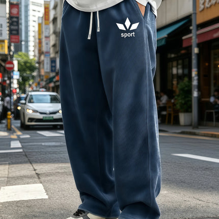 Mens Corduroy Wide Leg Trousers Elastic Drawstring Waist Abstract Leaf Sport Graphic Print Loose Straight Casual Street S-4XL