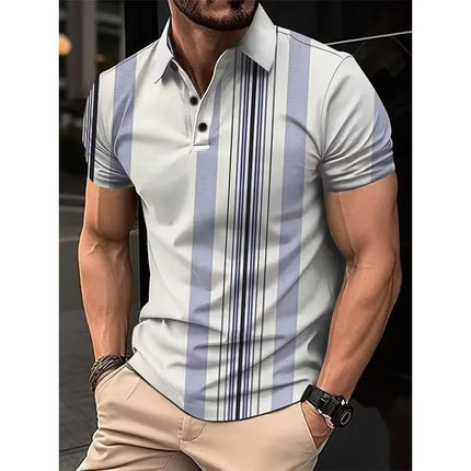 Summer 3D Men's Fashion Stripe Printed Short Sleeve Collared Button Casual Polo Shirt