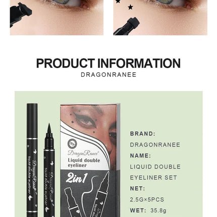 Dragon Ranee 5PCS Waterproof Eyeliner Stamp Pen Set Black Liquid Star Quick Dry Double Headed Eye Liner Makeup Cosmetics