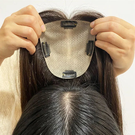 Human Hair Silk Base Topper with 4 Clips In Hair Toupees Virgin Hair Loose Wavy Fine Hairpiece Toupee For Women