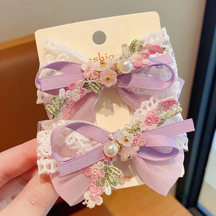 2PCS/Set Cute Flower Embroidery Bow Hair Clips for Baby Girl Sweet Bowknot Duck Tongue Clips Kids Barrettes Fairy Headdress