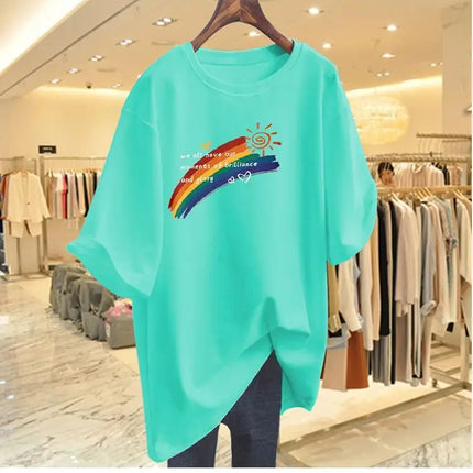 Women Clothing Fashion Hand-Painted Rainbow Print Tshirt Summer O-neck Short Sleeve 100 Cotton Basic Tee Loose Chic Top 45-105Kg