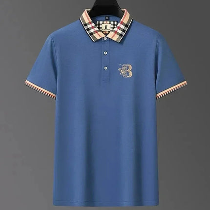 Luxury brand men's short-sleeved polo shirt, summer high-end fashion, plaid embroidery, lapel, casual T-shirt, breathable cotton top