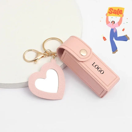 Laser Custom LOGO Portable Leather Lipstick Bag Keychain Personalize Holder Makeup Pouch Lip Balm Protective Cover with Mirror