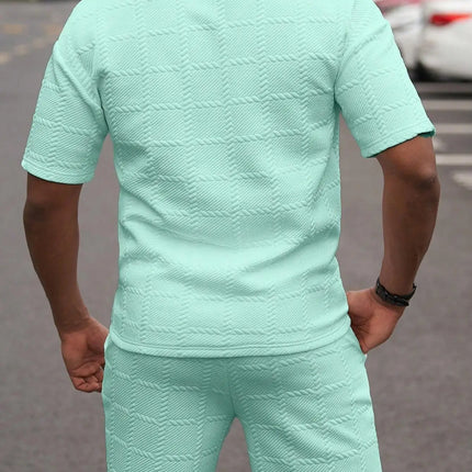 2026Summer Male Casual Two Pieces Suits Vintage Polo Neck Short Sleeve Tops And Shorts Men's Sets Fashion Plaid Textured Outfits