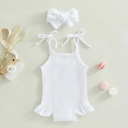 FOCUSNORM 0-18M Infant Baby Girls Sweet Romper Solid Color Knitted Ribbed Tie-Up Spaghetti Straps Sleeveless Ruffles Jumpsuits