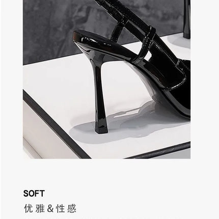 Runway Fashion YS Metal Square Toe Stiletto Heels Women's Baotou Sandals Black Pumps Color Block Glossy Design Shoes Luxury Shoe
