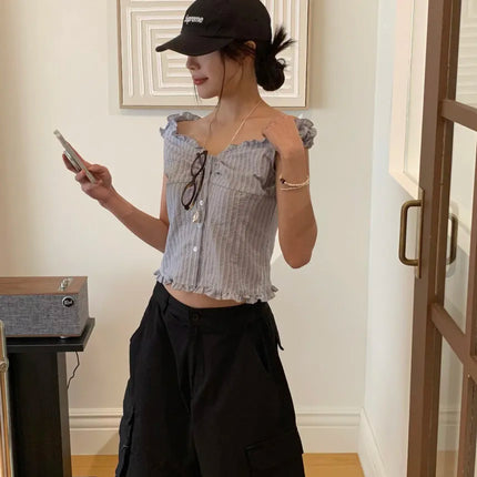Korean Sle ort Striped Vest Women Summer Outerwear Subtle Design Single Button Lobone Trendy Age-Defng Top