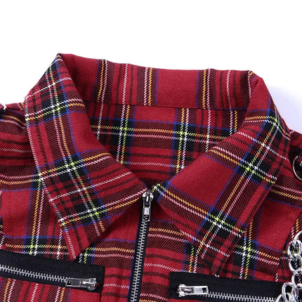 Plaid Punk Streetwear Zipper Chain Plaid Female Goth Retro Hip Hop Camisole Top Gothic Chic Sexy Crop Tops Women T-shirt