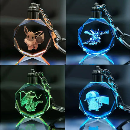 Pokemon Cartoons Anime Figure Pikachu Charizard Mewtwo Eevee Crystal Collection Luminous Keychain Pendant Model  Toy Gift