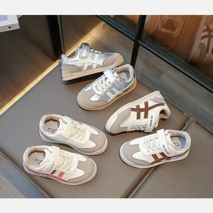 Children Sports Shoes Color Block Sewing Thread Hook Loop Round Toe Soft Soled Thick Flat Shoes Breathable Comfortable Non Slip