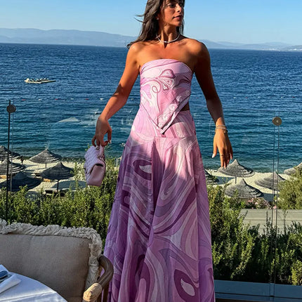 Summer Printed Women Crop Top Metal Strap Backless Lace Up Tank Chic Party Beach Strapless Vestidos 2025 Lady Vacation Clothing