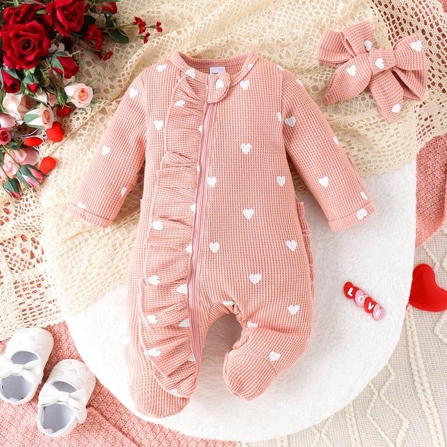 2PCS Autumn 0-June Newborn Baby Comfortable Cute Round-Neck Waffle Check Heart Zipper Long-Sleeved Footsuit