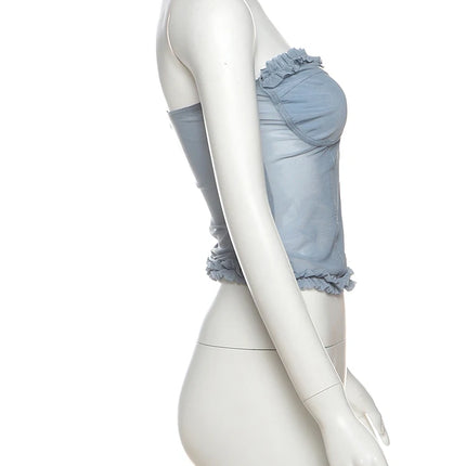 Nibber Folds Sexy Fishbone Strapless Tops Patchwork See Through Skinny Summer Backless Daily Street Versatile Sweet Clothes
