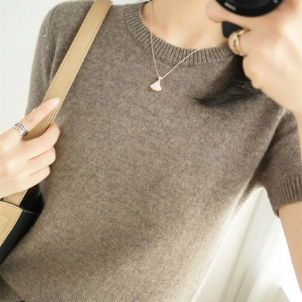 Summer New Women's Knitted Short Sleeve T-shirt Thin Wool Cashmere Short Sleeve Loose Fit Round Neck Top Outerwear Straight Cut