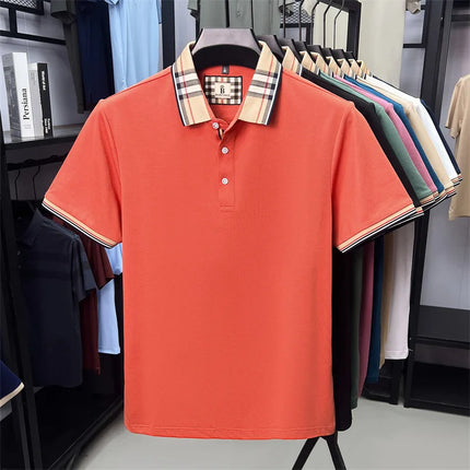 High-end silky cotton breathable short-sleeve polo shirt men's summer new trend plaid lapel designer brand casual golf T-shirt
