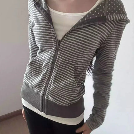 American Streetwear Striped Hooded Sweatshirt Autumn New Slim Fit Short Cardigan Fashion Casual Long Sleeve Coat Women