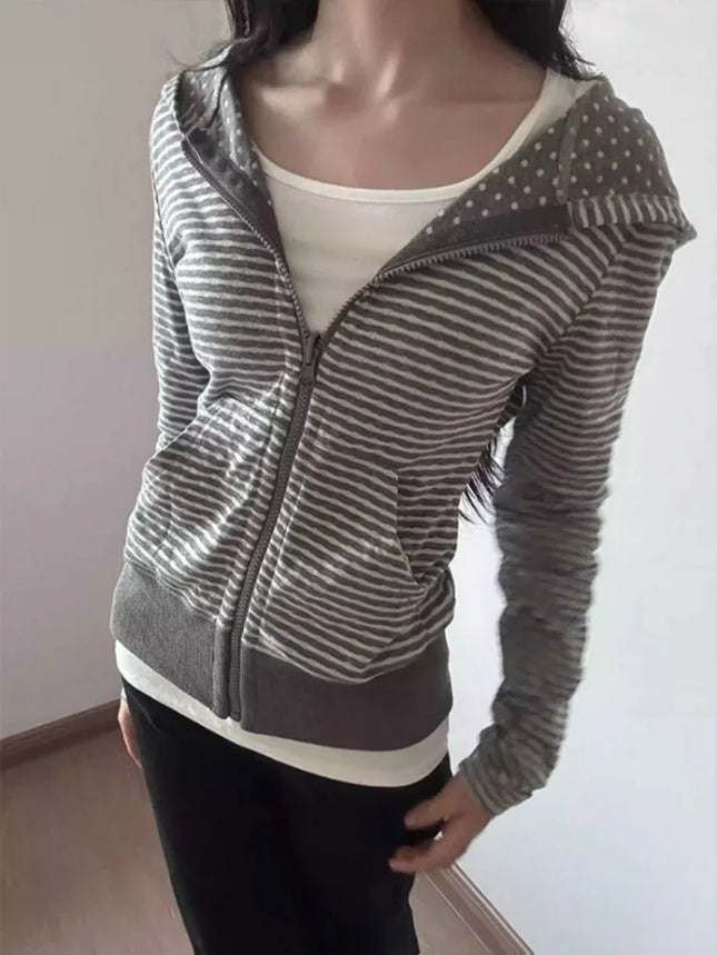 American Streetwear Striped Hooded Sweatshirt Autumn New Slim Fit Short Cardigan Fashion Casual Long Sleeve Coat Women