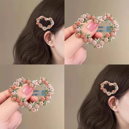 Sweet Flower Embroidery Hair Clips for Girl Love Heart Shaped Hairpins Princess Baby Barrettes Sided Clips Kids Hair Accessories