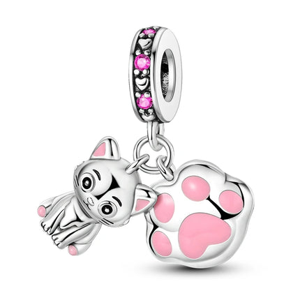 Charms 925 Sterling Silver Cute Cat Collection Charms Beads Paw Print Pendant Beads Fit Original DIY Bracelet Gift Women Jewelry