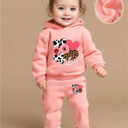 Baby Girl Love Love Flower Pattern Hoodie+Casual Pants Two Piece Set Spring and Autumn Sportswear