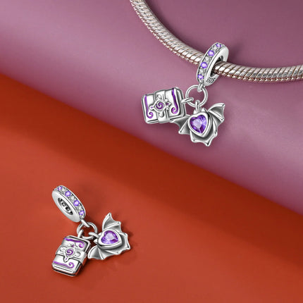 925 Sterling Silver Inlaid Heart-Shaped Beads & Rose Dangle Charm Fits Snake Bracelet Boutique Necklace Purple Pendant Gift