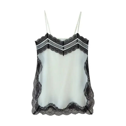 Women Lace Patchwork Sling Top Sexy V-neck Sleeveless Side Split Solid Color Vest 2025 New Summer Lady Party Vacation Tops
