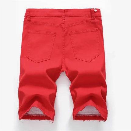 New Red Men's Jeans Shorts Pleats and Holes Decorated Shorts Men Blue White Black Blue Red Denim Shorts，Asian Size