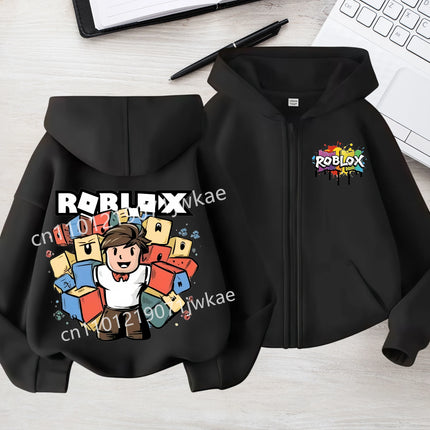 3-12 Boys Girls 2026 Kids Fashion Hoodies Tops Kids' Roblox Print Zipper Hoodie Colorful Splash Design Casual Sweatshirt For