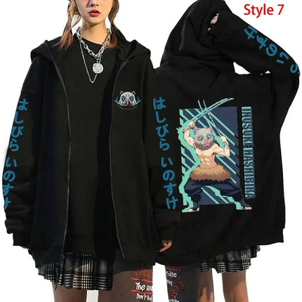 Hot Anime Hashibira Inosuke Printing Zipper Hoodies Women Men Fashion Y2k Personality Zipper Long Sleeve Hooded Sweatshirt Tops