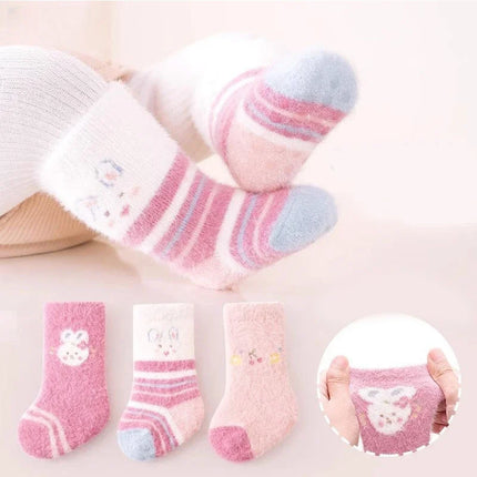 3 Pairs Kids Winter Socks Cute Cartoon Bear Rabbit Thick Plush Warm Middle Tube Socks for Boy Girl Newborn Anti-Cold Sleep Socks