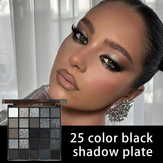 25 Colors Black Grey Smokey Eyeshadow Palette, Matte Black White Gray Silver Smoky Eye Shadow, Black Eyeshadow Makeup Goth Look