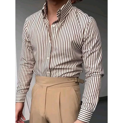 2025 Bubble Shirt Stripe Long Sleeve Men's Business Casual Neck Button Pointed Collar Autumn Fashion Versatile Shirt