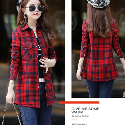Thickened Fleece Women's Long Sleeve Shirt Warm Slim Fit Midi Length Plaid Korean Style Fashionable Women's Button-up Top