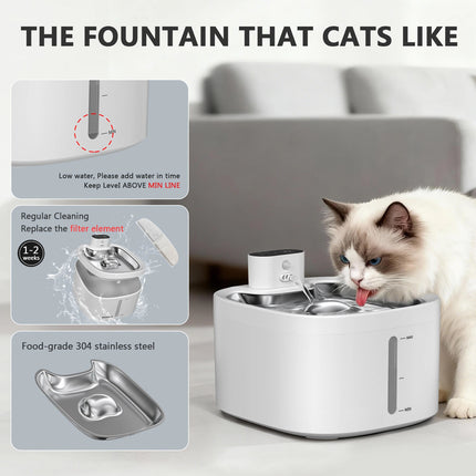Wireless Cat Water Fountain 3.5L Pet Water Dispenser 4000mAh Long-Lasting Battery Life Stainless Steel Tray and Motion Sensing