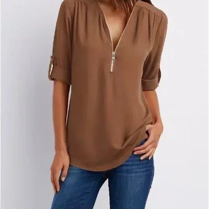 Summer Women Cool Loose Shirt Deep V Neck Chiffon Blouse Casual Ladies Tops Sexy Zipper Pullover Plus Size Long Sleeve Fashion