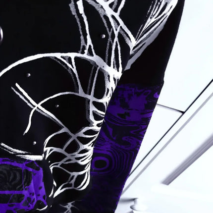 Y2K Grunge Purple Black Lightning Crackle Print Fleece Lined Cropped Zip Up Hoodie Women Hot Girl Oversized Drawstring Sherpa