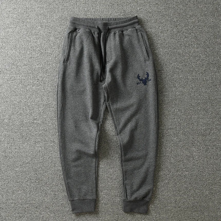 Autumn American Retro Terry Knitted Embroidery Sweatpants Men's Simple Elastic Waist Drawstring Sport Casual Youth Slim Pants