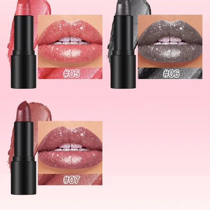 Nude Gray Metallic Lipstick Glitter Diamond Waterproof Long-Lasting Lip Gloss High Pigment Shiny Sparkling Pearl Lip Tint Makeup