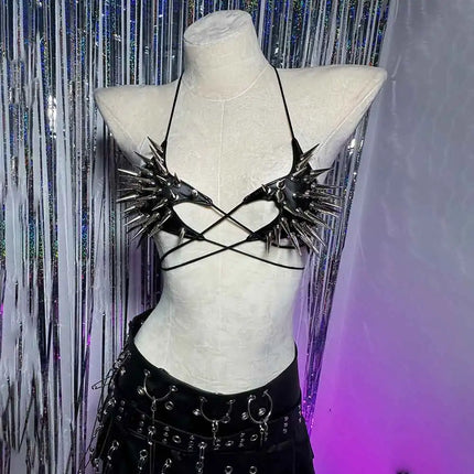 Gothic Emo Punk Women's Spiked Grunge PU Leather Tank Top Y2K Alternative 90s Vkei Studded Cyber Goth T-shirt 2000s ALT Clothing