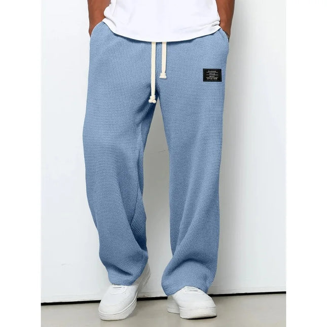Men's Waffle Knit Wide Leg Sweatpants Autumn Casual Loose Fit Drawstring Trousers Youth Streetwear Hip Hop Joggers Pants