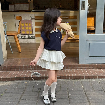 2025 Summer Children's Casual T-shirt Sleeveless Top for Girls and Babies, Color Contrasting Small Collar Polo Tank Top