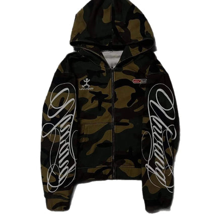 Men's and women's spring printed line American high street hooded camouflage cardigan, hoodie, pullover