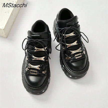 Punk Style Women Black Shoes Rock Metal Decor Lace-up Heel Height Platform Shoes Gothic Man Sneakers Women Ankle Boots 2025 New